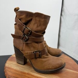 Steve Madden Ankle Boots Women 7 Tan Buckle Strap Block Heel Moto Distressed